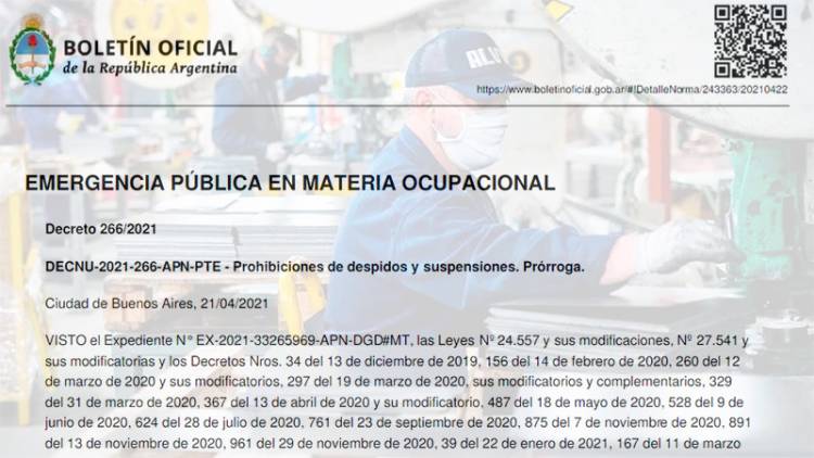 BOLETÍN OFICIAL: OFICIALIZARON PRÓRROGA DE PROHIBICIÓN DE DESPIDOS Y EXCLUYEN A LA CONSTRUCCIÓN