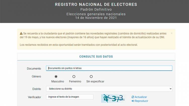 YA SE PUEDE CONSULTAR EL PADRÓN DEFINITIVO PARA ELECCIONES LEGISLATIVAS DEL 14 DE NOVIEMBRE